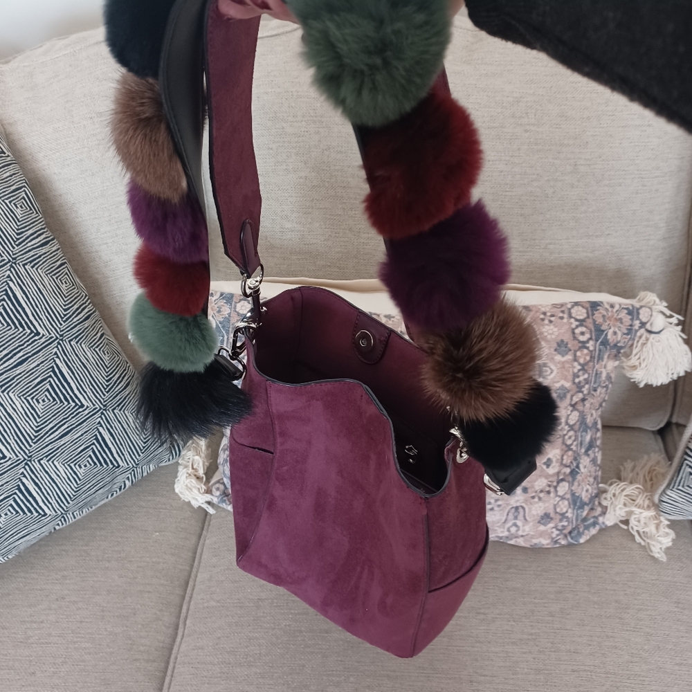 Purple Suede Shoulder Bag with Pom-Pom Strap - Picture 8 of 9